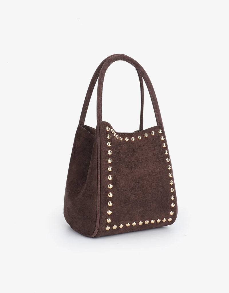 REMI/REID Hollace Mini Tote Studded Faux Suede in Chocolate