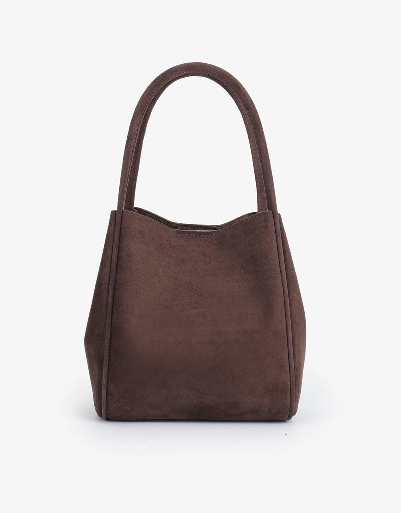 REMI/REID Hollace Mini Tote Studded Faux Suede in Chocolate