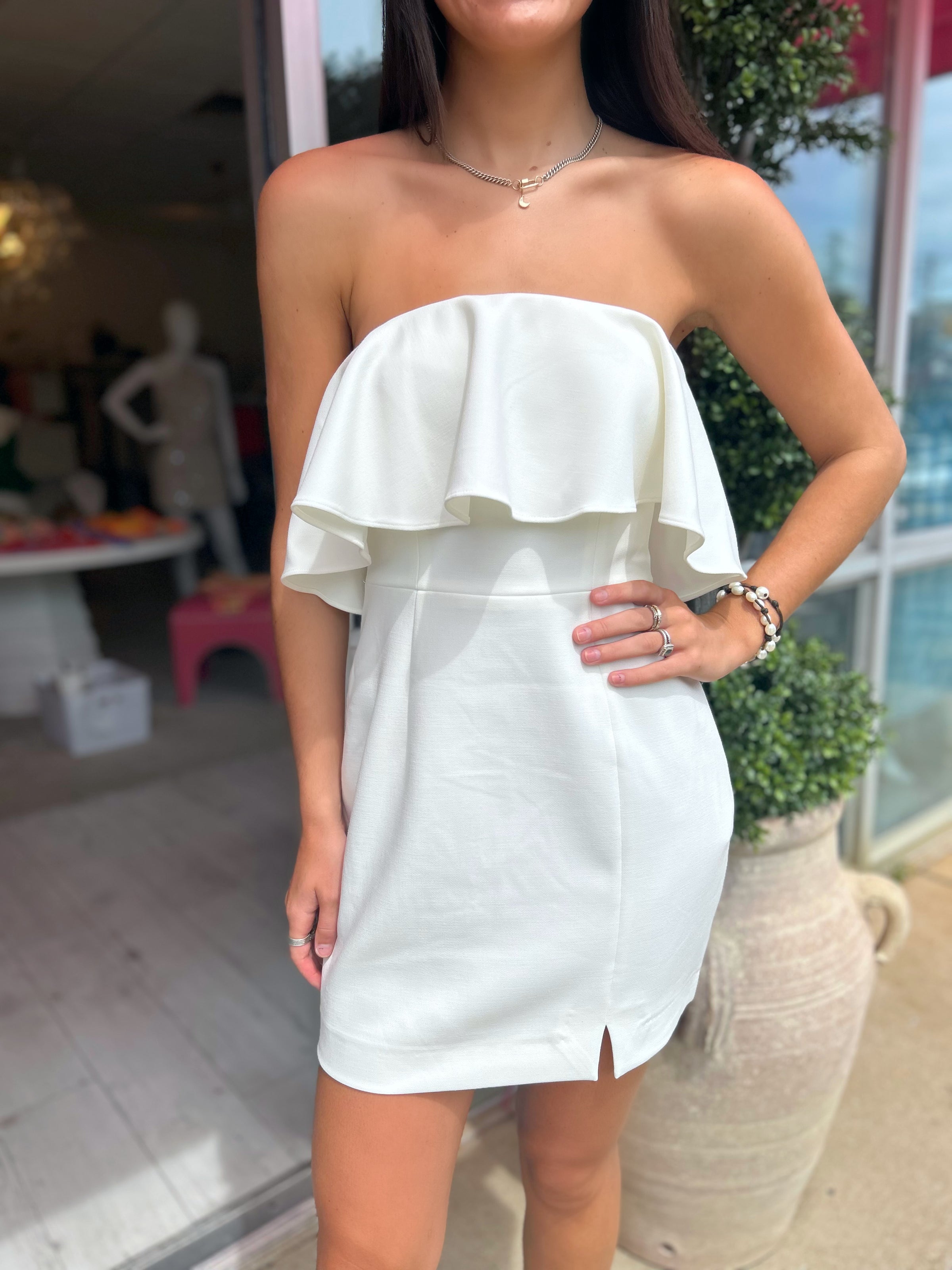 French Connection Whisper Strapless Frill Mini in Summer White