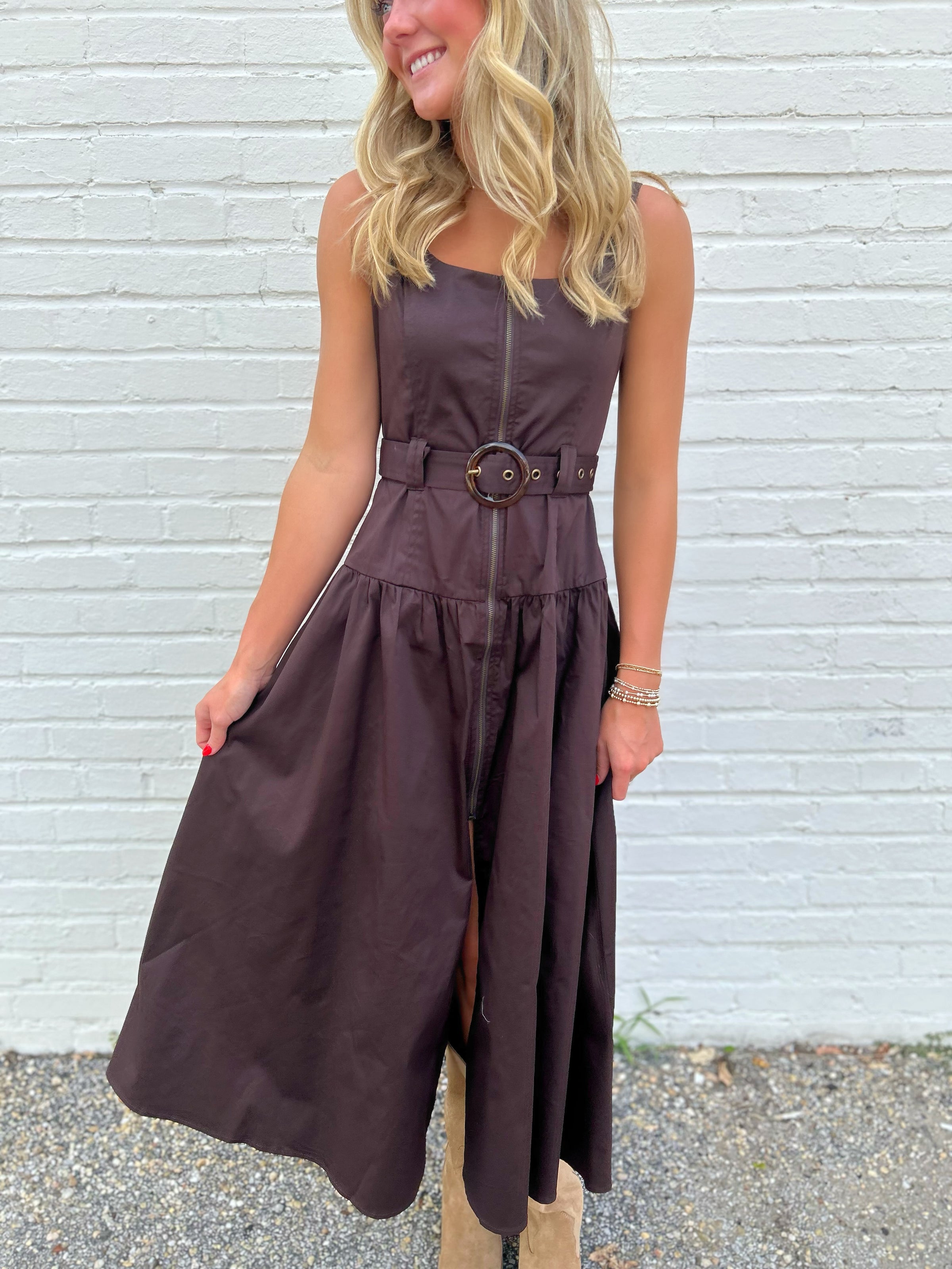 Miller Belted Zip Front Midi Dress