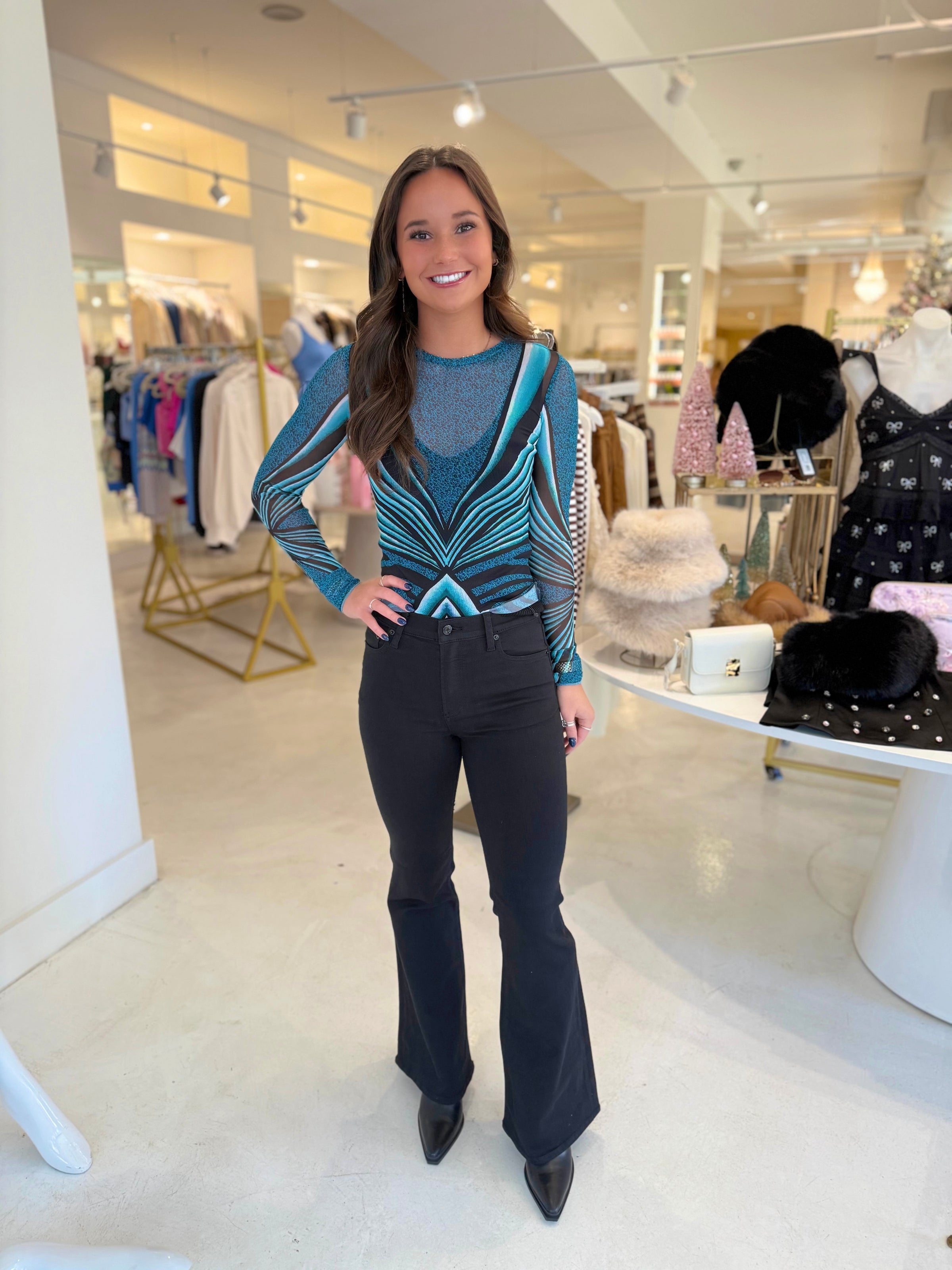 AFRM Kaylee Crewneck Mesh Top in Aqua Animal