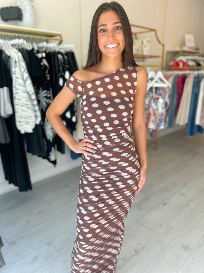 AFRM Biona Printed One Shoulder Maxi in Chocolate Halo Dot