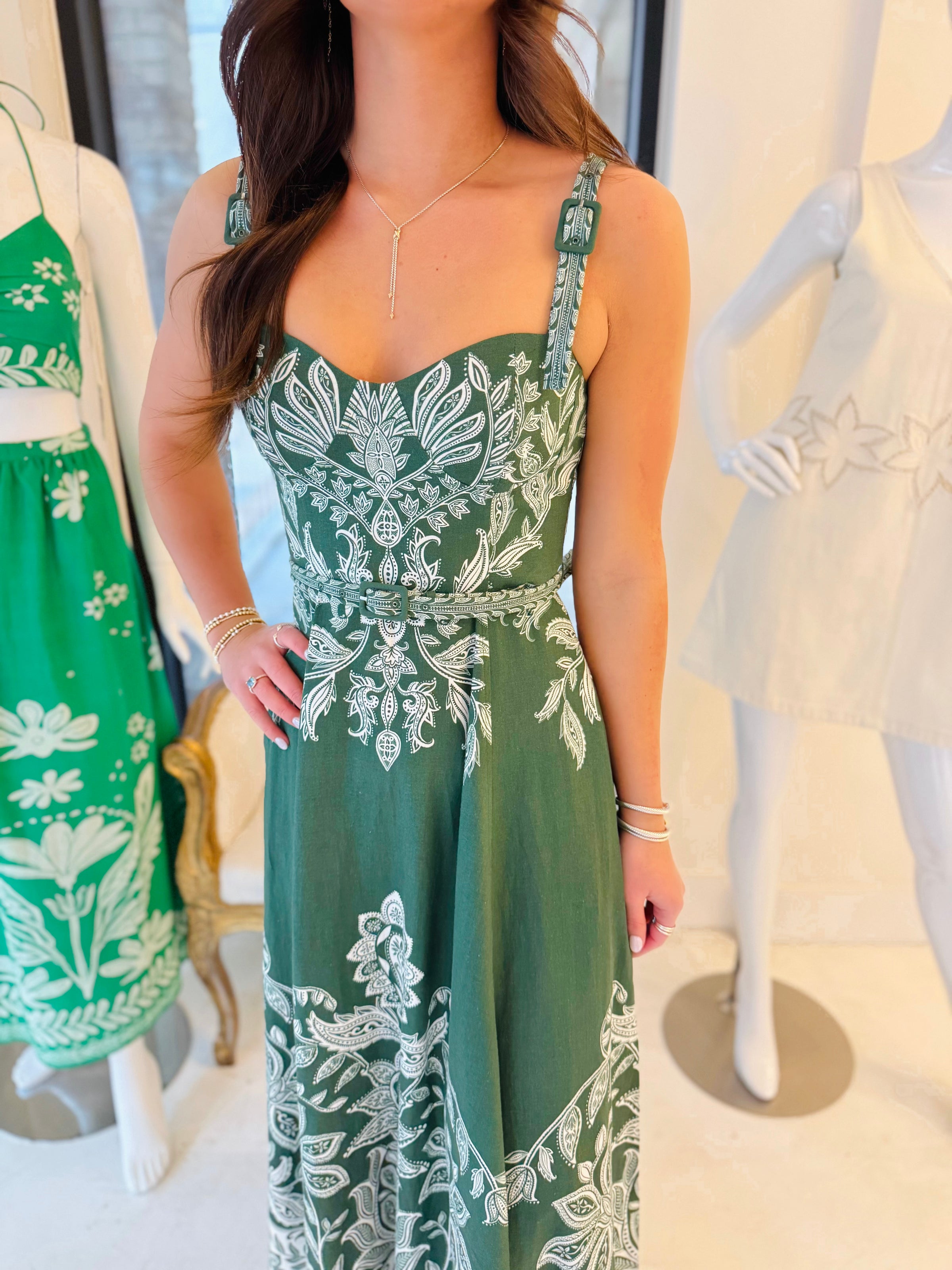 FARM RIO Miranda Dark Green Belt Buckles Maxi Dress