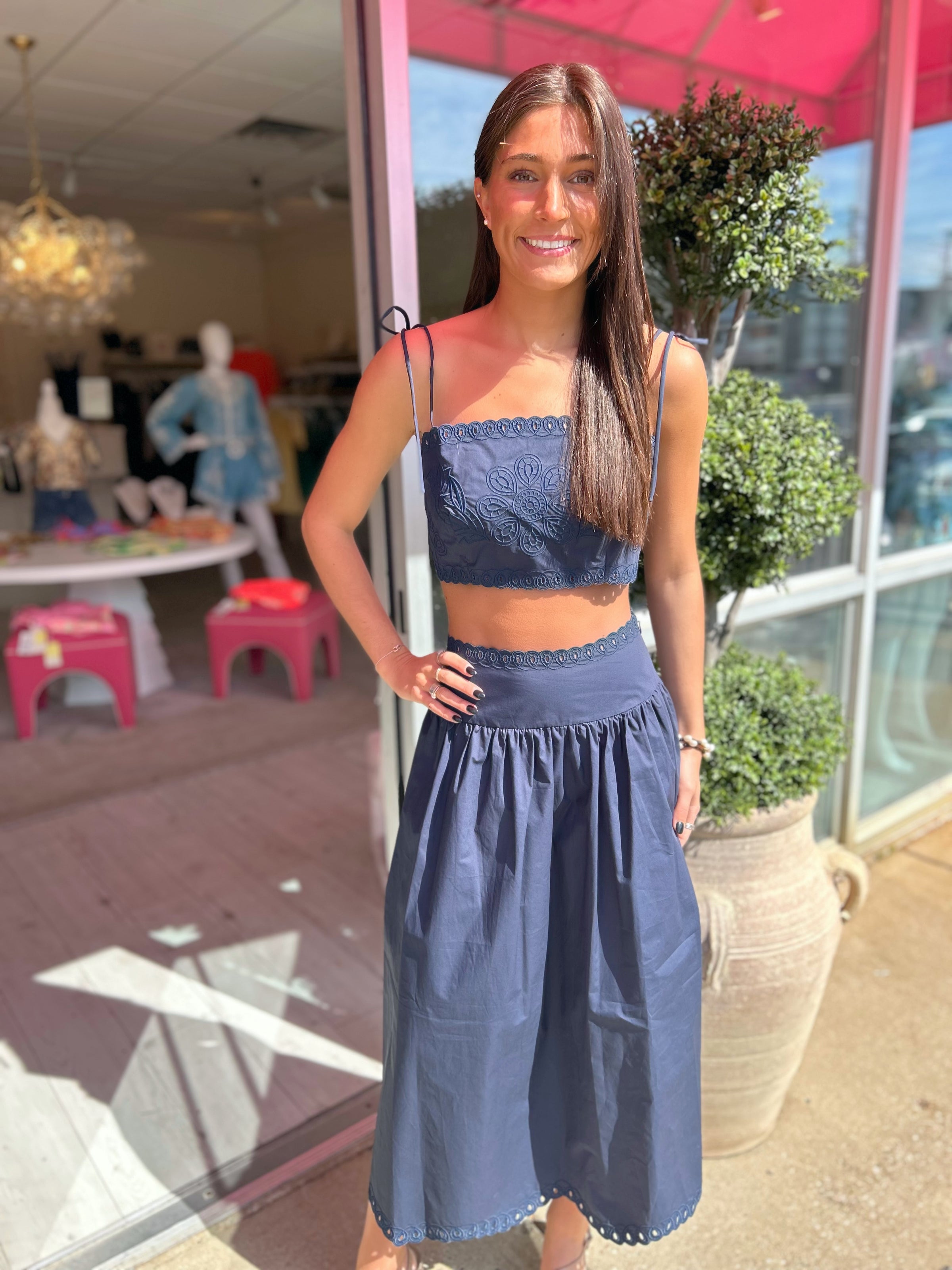 Blythe Embroidery Top & Midi Skirt Set in Navy