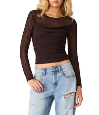 Steve Madden Lillie-Marie Ruched Mesh Top in Dark Toffee