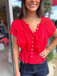 Free People Gemma Embroidered Top in High Risk Red