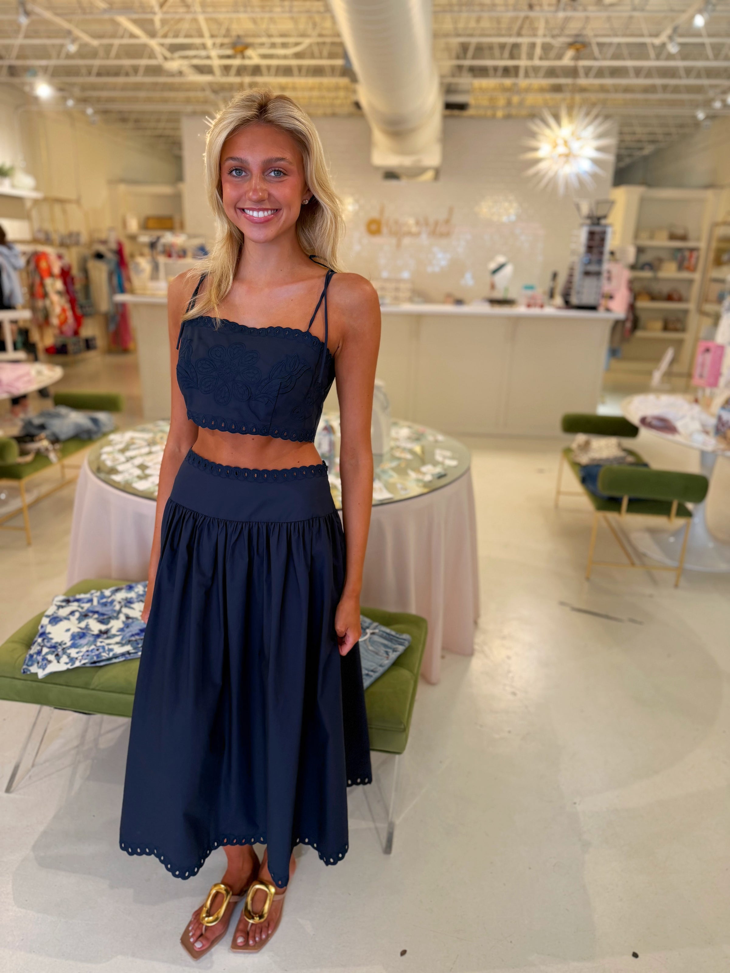 Blythe Embroidery Top & Midi Skirt Set in Navy