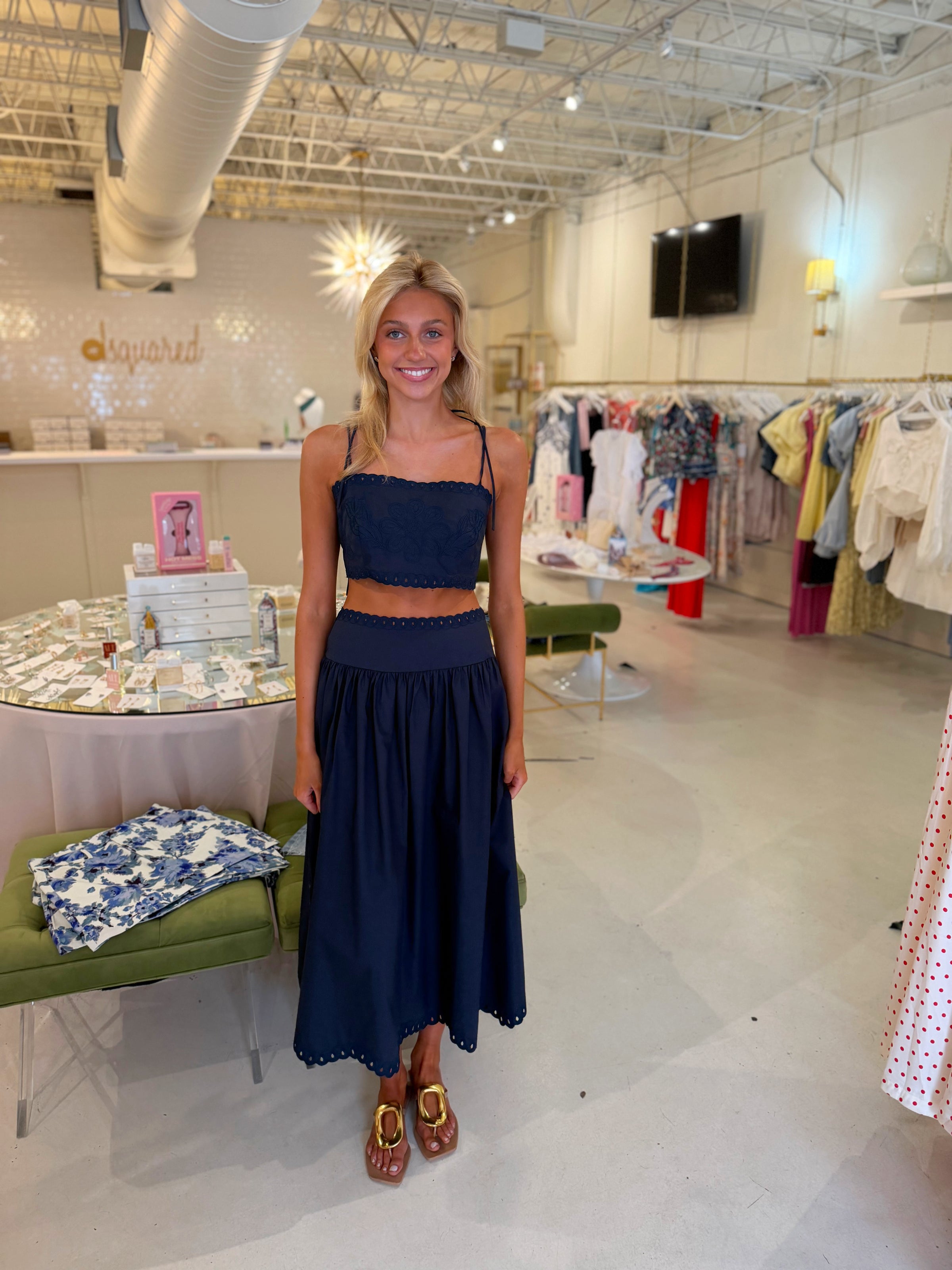 Blythe Embroidery Top & Midi Skirt Set in Navy