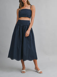 Blythe Embroidery Top & Midi Skirt Set in Navy