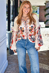 Farm Rio Cashew Mandala Cream Smocked Long Sleeve Blouse
