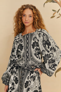 Farm Rio Flower Leopards Off-White Long Sleeve Blouse