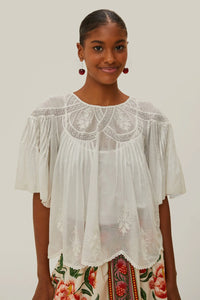 Farm Rio Off White Embroidered Short Sleeve Blouse