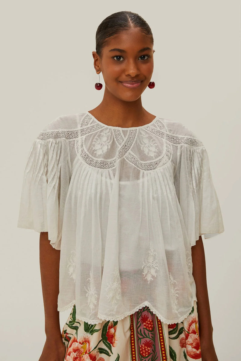Farm Rio Off White Embroidered Short Sleeve Blouse