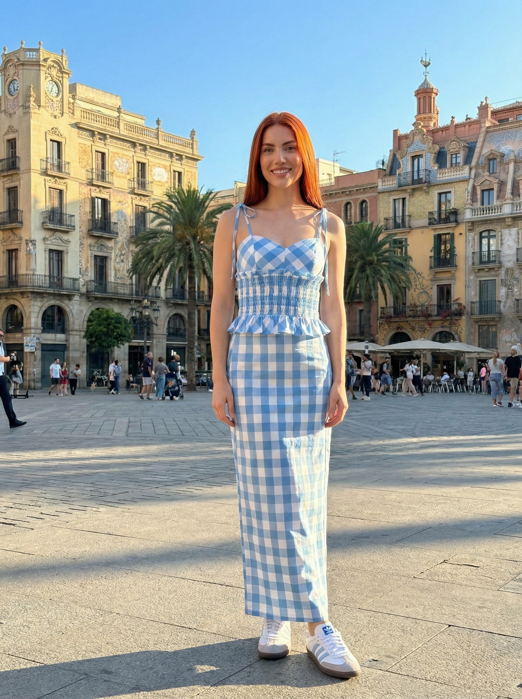 Marley Gingham Top & Midi Skirt Set in Blue & White