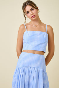 Lucia Stripe Crop Top & Maxi Skirt Set in Light Blue and White