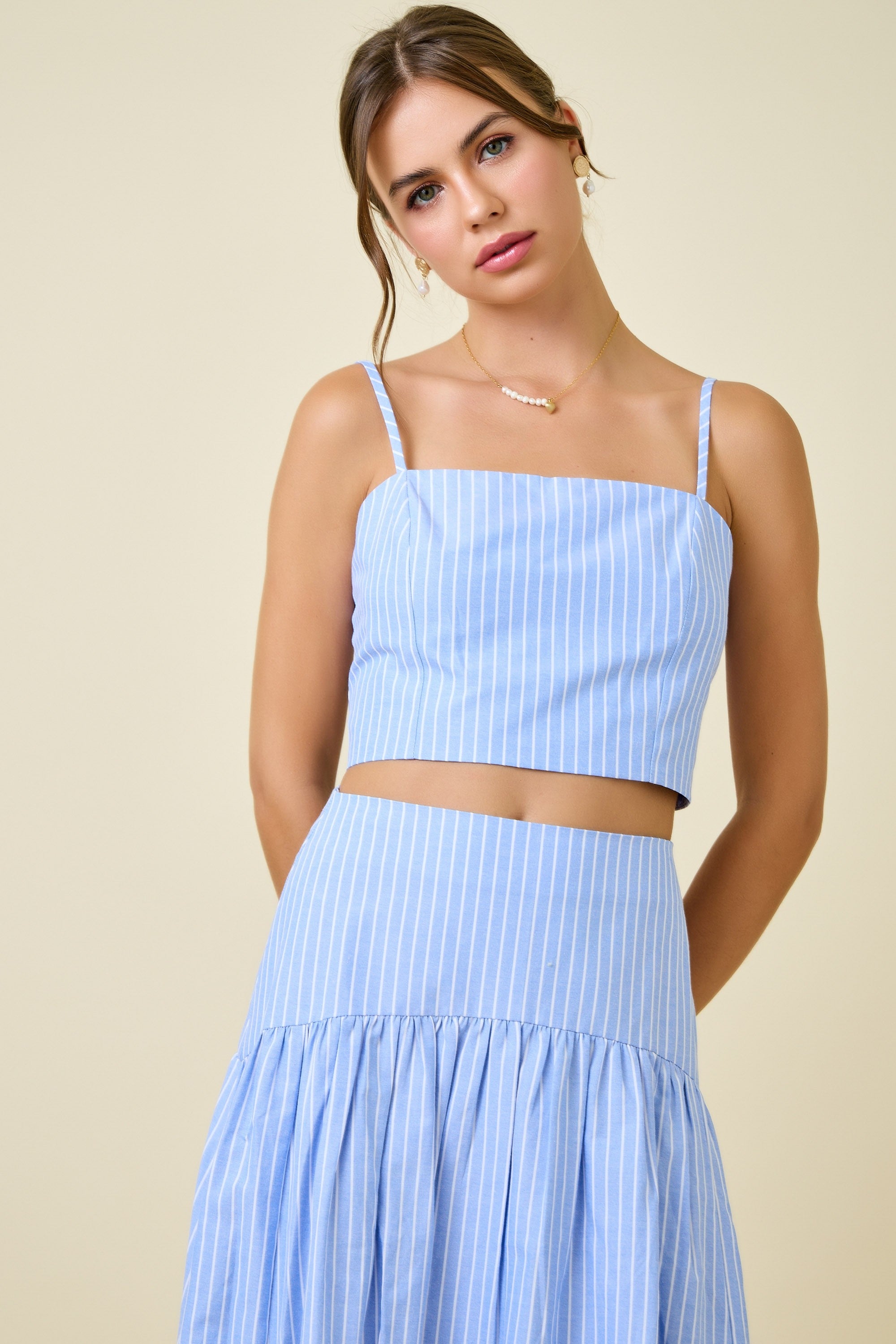 Lucia Stripe Crop Top & Maxi Skirt Set in Light Blue and White
