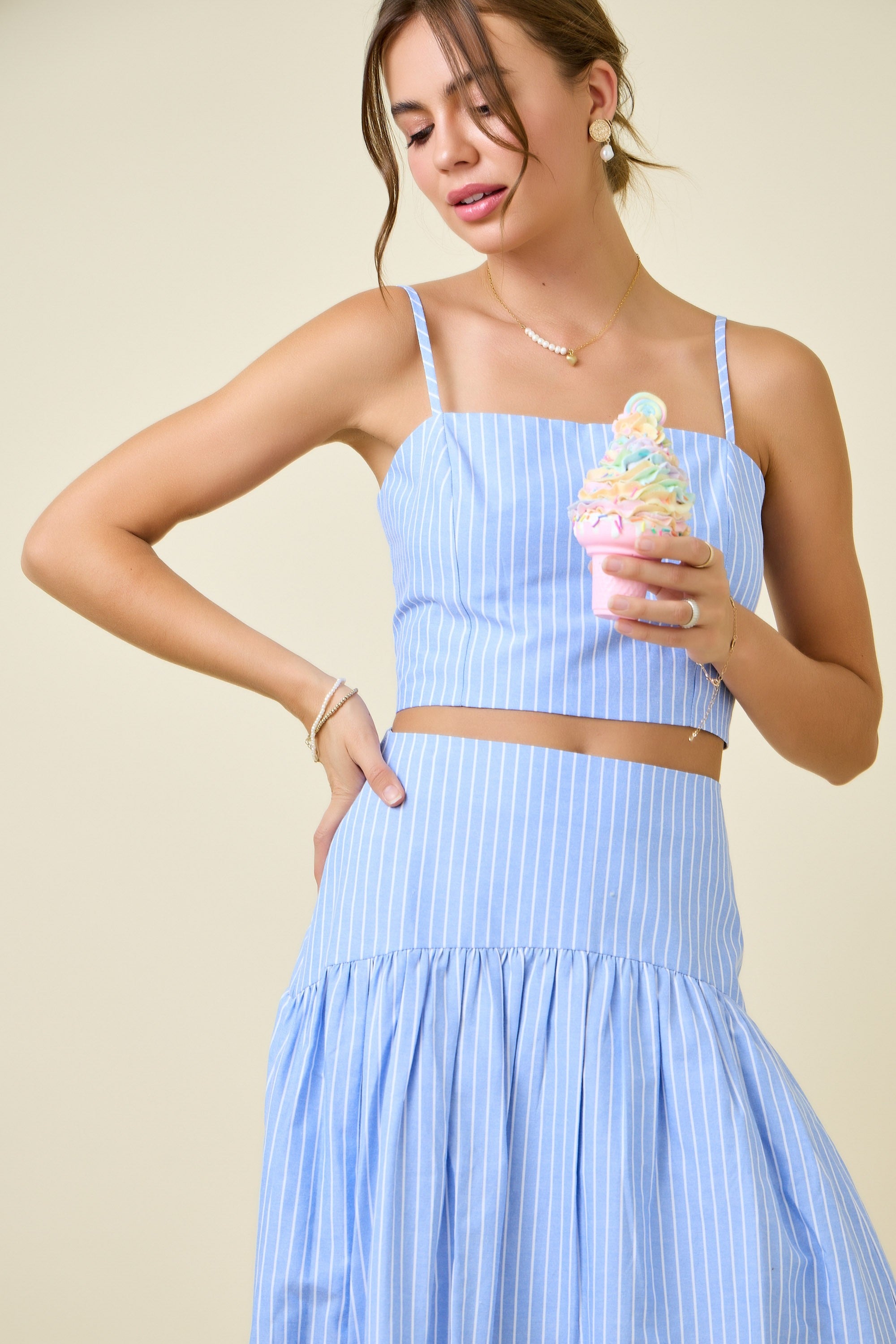 Lucia Stripe Crop Top & Maxi Skirt Set in Light Blue and White