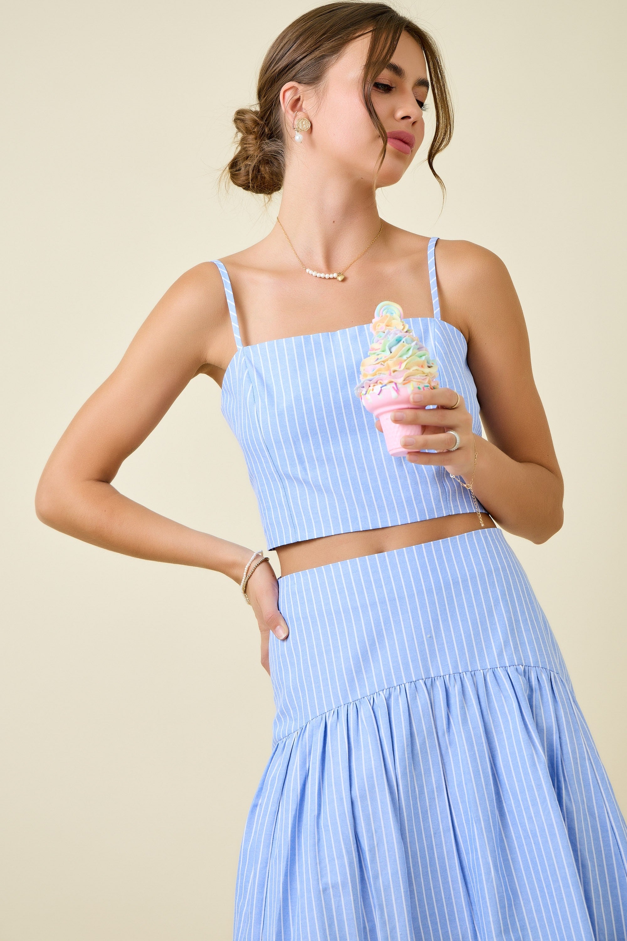 Lucia Stripe Crop Top & Maxi Skirt Set in Light Blue and White