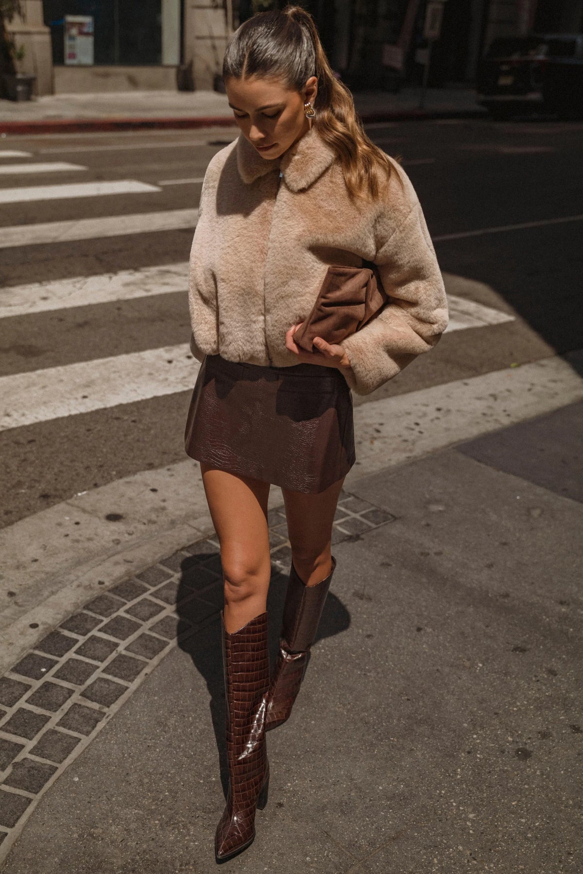 Lucy Faux Croc Leather Mini Skort in Chocolate Brown
