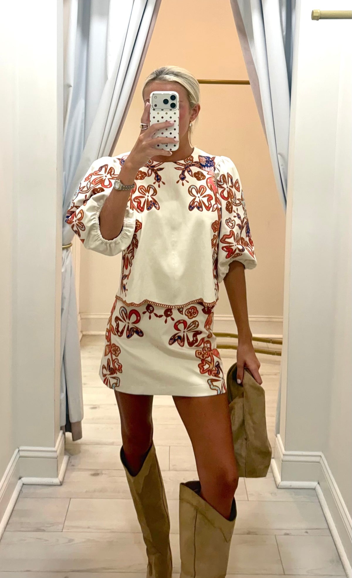 THML Brooks Suede Embroidered Mini Skirt