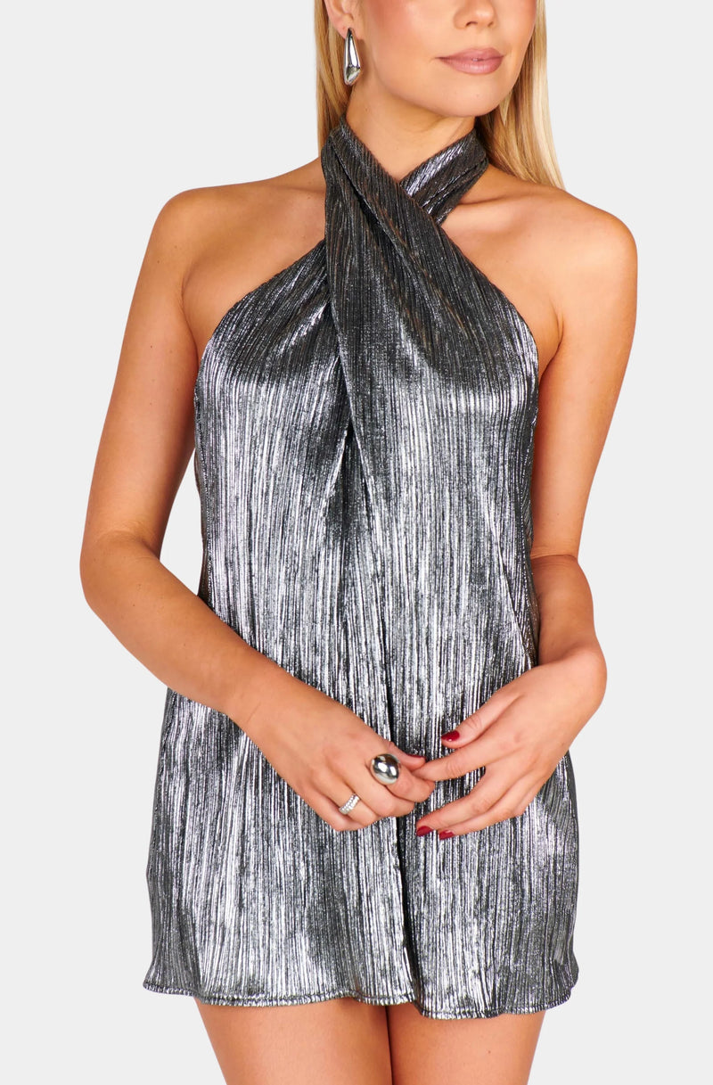 Show Me Your Mumu Jasmine Tie Mini Dress in Pleated Silver