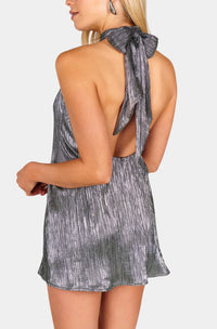 Show Me Your Mumu Jasmine Tie Mini Dress in Pleated Silver