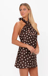 Show Me Your Mumu Jasmine Tie Mini Dress in Chocolate Brown Polka Dot