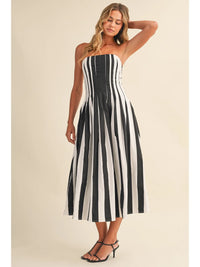 Markie Strapless Striped Pleated Midi