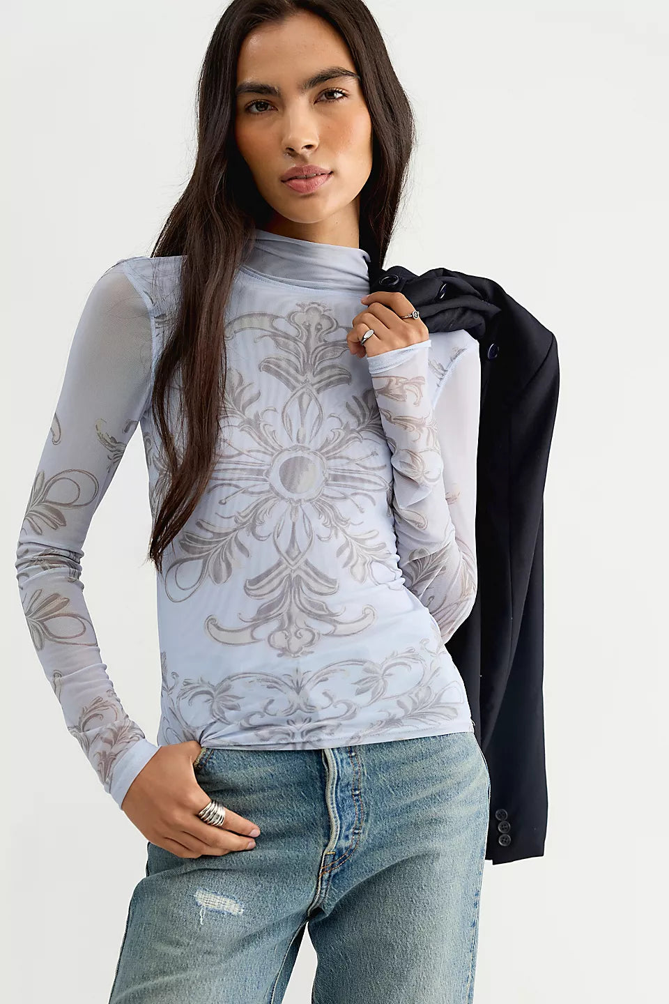Free People Jessa Long Sleeve Top in Blue Combo