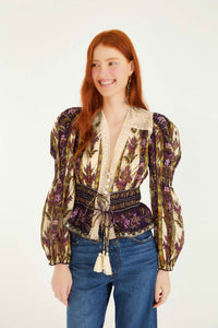 Farm Rio Embroidered Tapestry Sand Long Sleeve Blouse