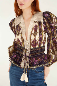 Farm Rio Embroidered Tapestry Sand Long Sleeve Blouse