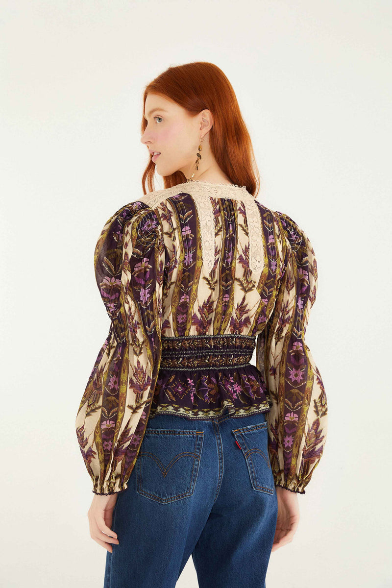 Farm Rio Embroidered Tapestry Sand Long Sleeve Blouse