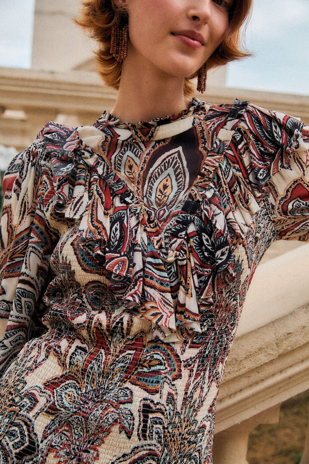 FAARM RIO Tapestry Flowers Long Sleeve Mini Dress