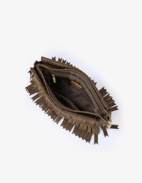 REMI/REID Vassel Suede Fringe Clutch in Olive