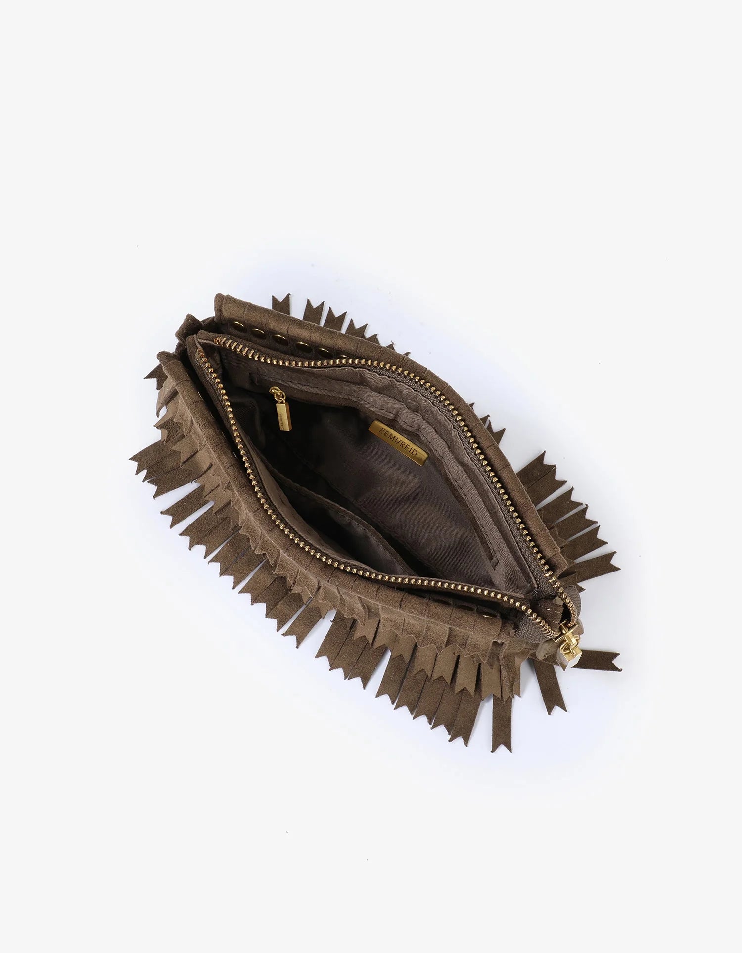 REMI/REID Vassel Suede Fringe Clutch in Olive