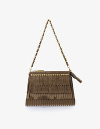 REMI/REID Vassel Suede Fringe Clutch in Olive