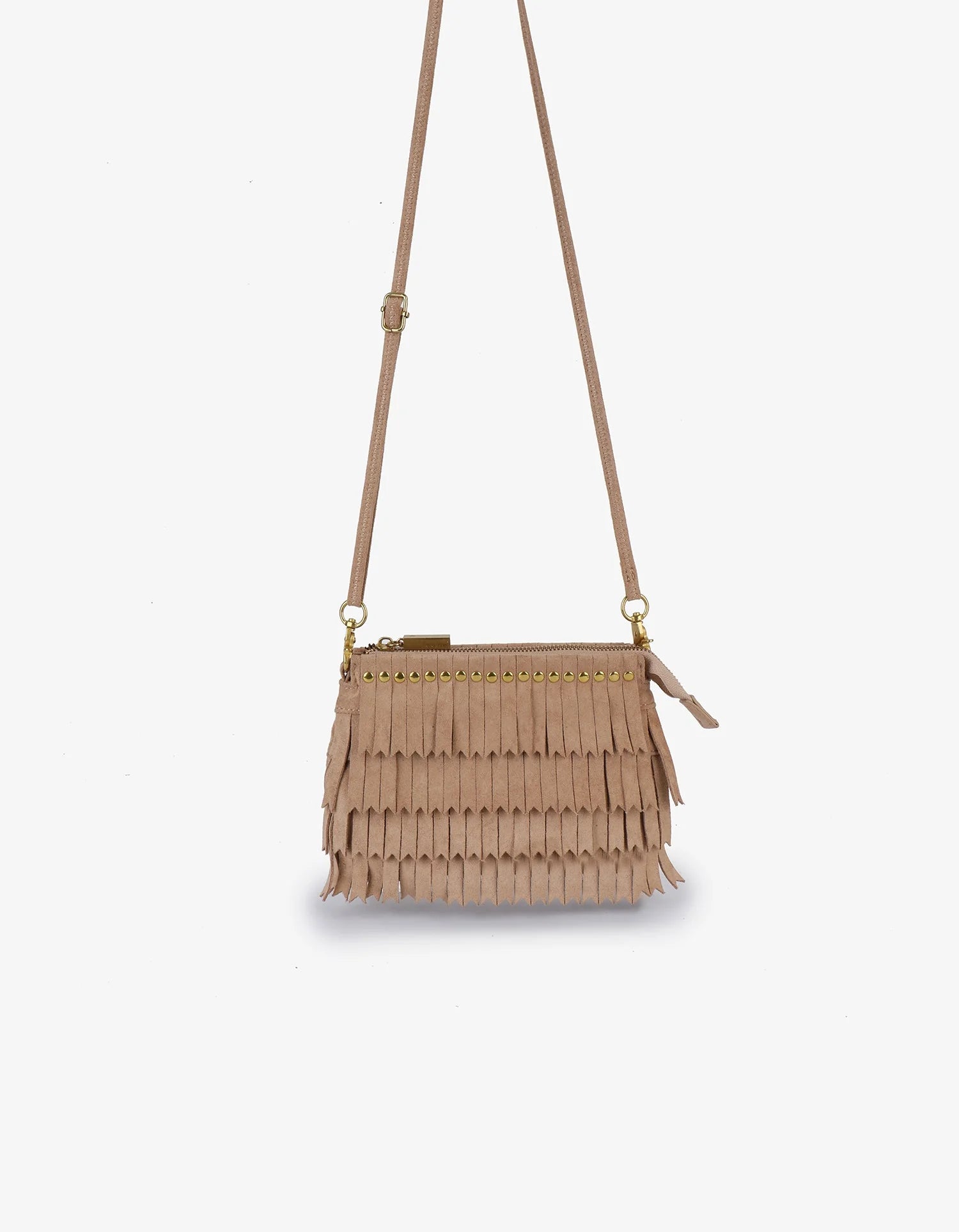 REMI/REID Vassel Suede Fringe Clutch in Tan