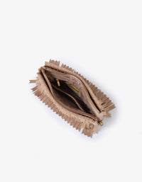 REMI/REID Vassel Suede Fringe Clutch in Tan