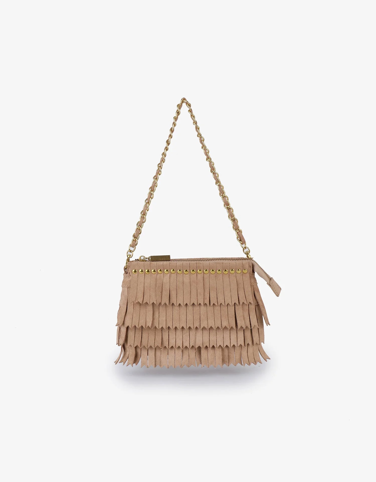 REMI/REID Vassel Suede Fringe Clutch in Tan
